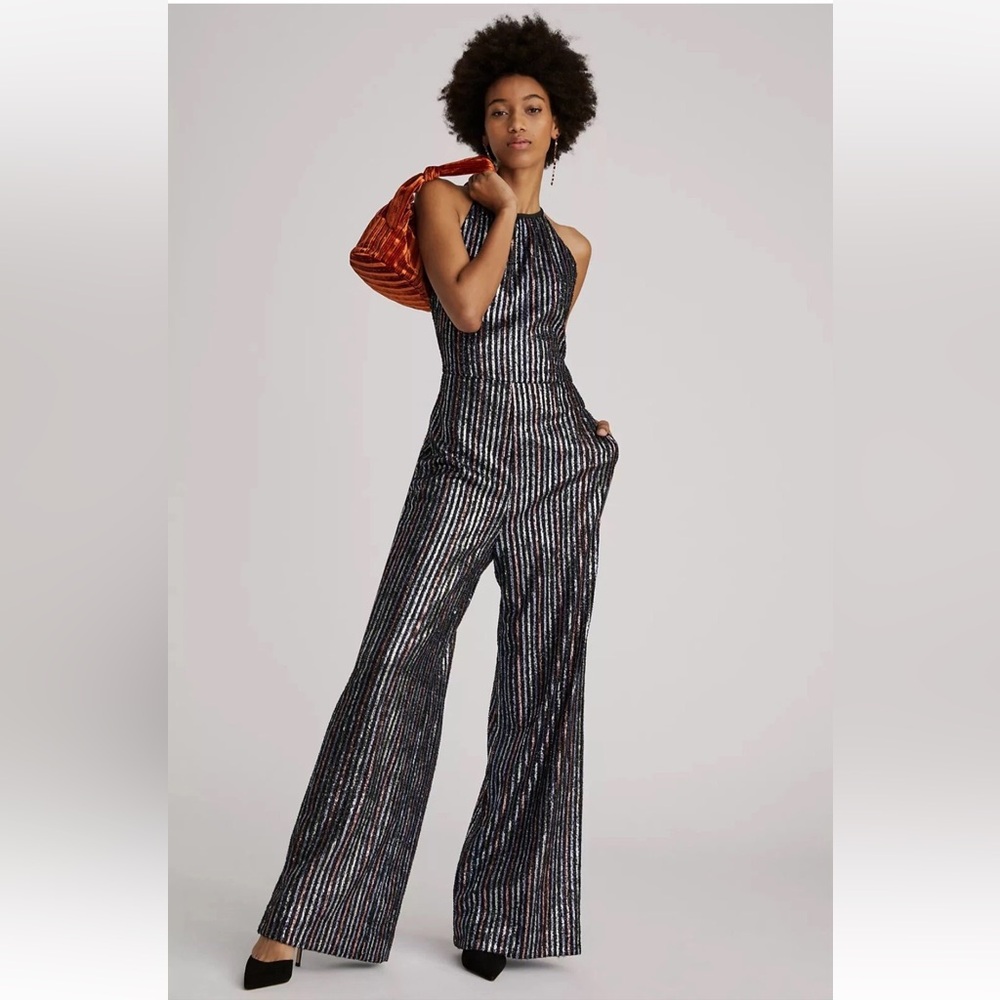 Anthropologie Maeve Disco Halter Jumpsuit size 00 wide leg womans